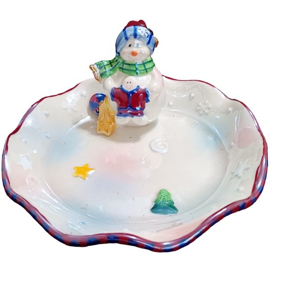 Luster Candy Dish With Attached Snowman Christmas Dish Winter 7" - Picture 1 of 6